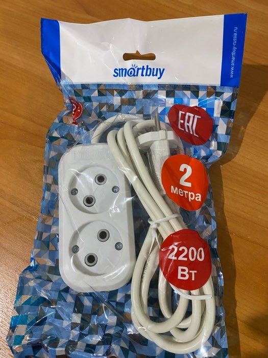 Фотография покупателя товара Удлинитель Smartbuy, 2 розетки, 2 м, 10 А, 2200 Вт, ПВС 2х1 мм2, без з/к, белый