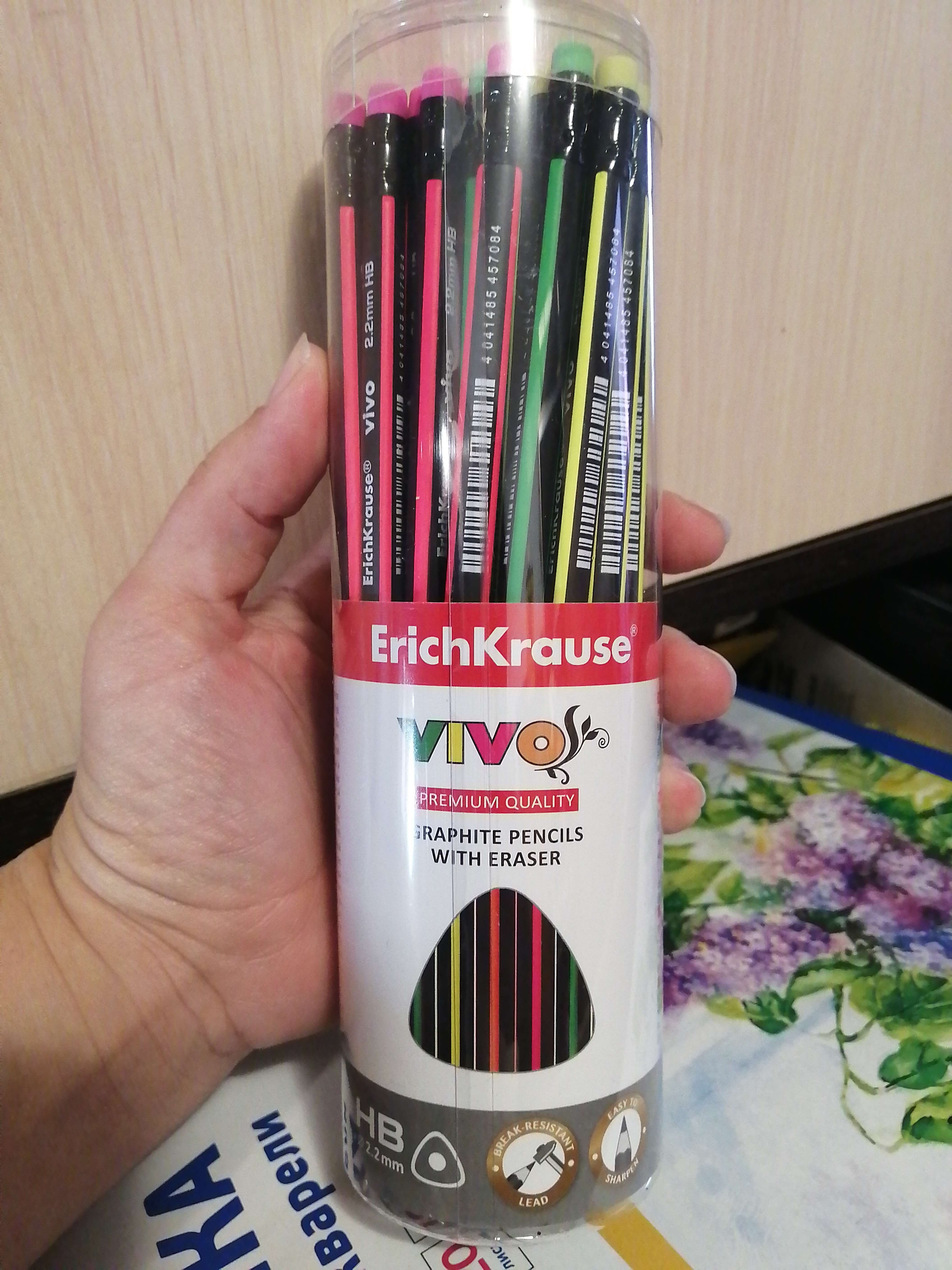 Фотография покупателя товара Карандаш чернографитный с ластиком НВ, 2.2 мм, ErichKrause Vivo, трёхгранный, микс, цена за 1 шт - Фото 2