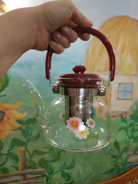 Фотография покупателя товара Чайник стеклянный заварочный с металлическим ситом «Цветочная фантазия», 1 л - Фото 1