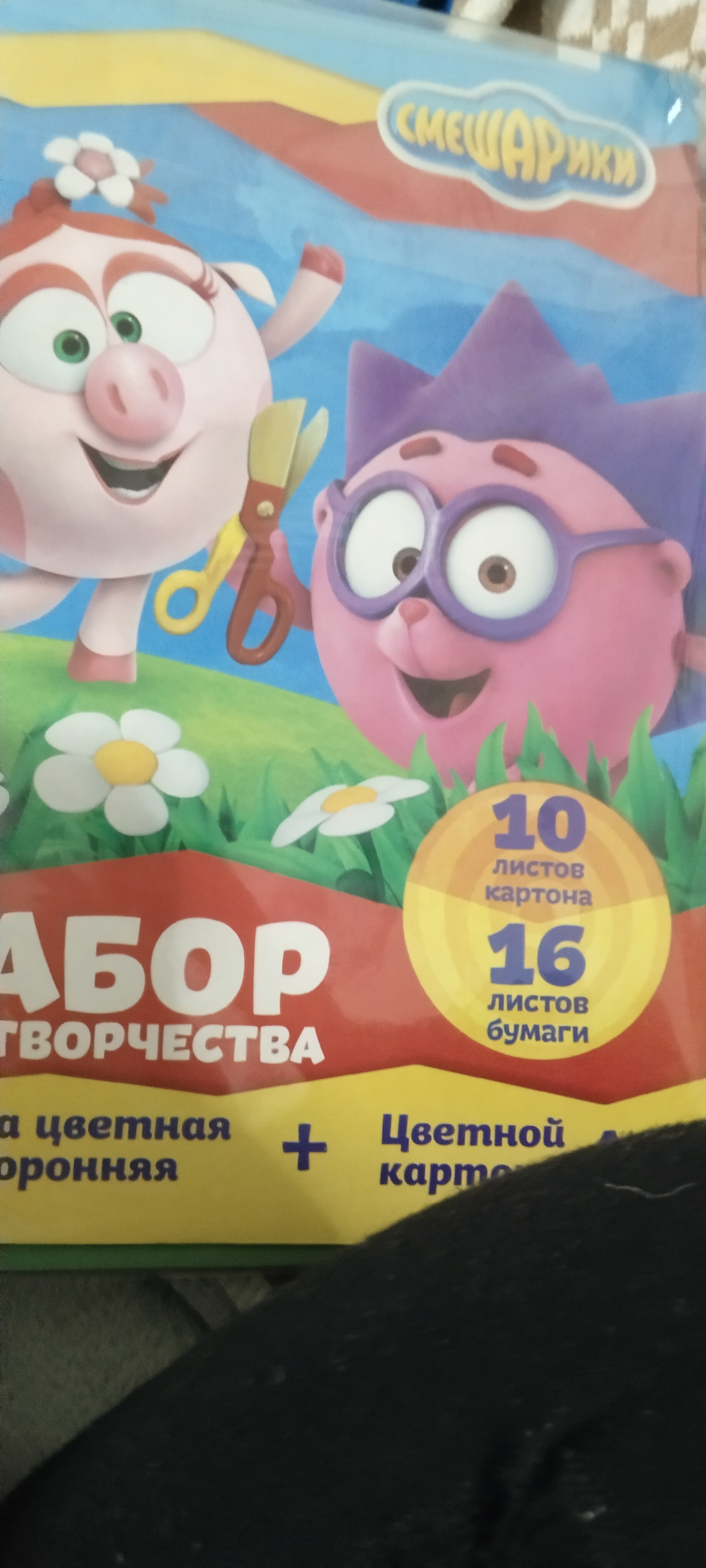 Фотография покупателя товара Набор для творчества «Смешарики» А4: 10 л цветного одностороннего картона + 16 л цветной двусторонней бумаги - Фото 1
