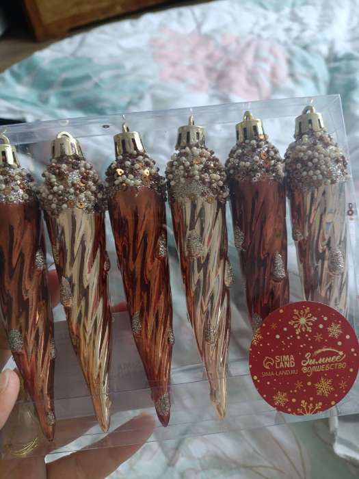 Фотография покупателя товара Ёлочные игрушки набор 6 шт. «Сосулька верхушка блеск», 13×3 см, золото/коричневый - Фото 1