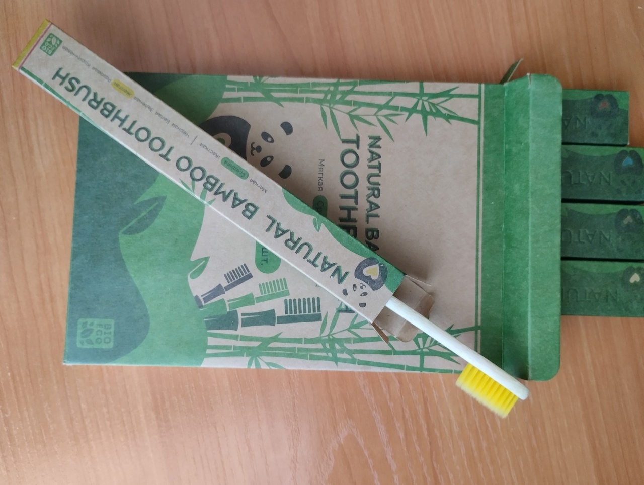 Фотография покупателя товара Зубная щетка бамбуковая средняя, 5 штук, микс цветов - Фото 2