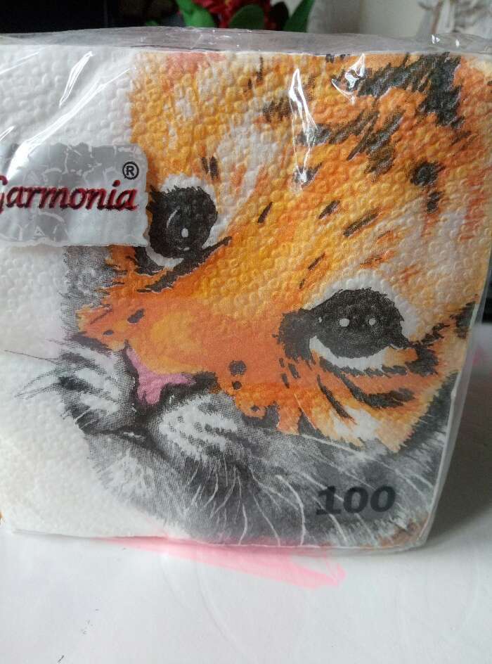Фотография покупателя товара Салфетки бумажные "Гармония цвета", 24х24 см, 100 шт, с рисунком "Тигр"