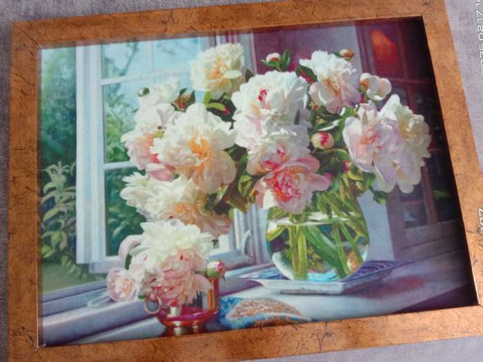 Фотография покупателя товара УЦЕНКА Гобеленовая картина «Пионы на окне» 34×43 см, рама микс - Фото 1