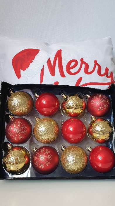 Фотография покупателя товара Ёлочные игрушки «Снежная феерия ассорти узоры», шары новогодние, d=6 см, набор 12 шт., золотисто-красный - Фото 1