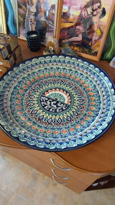 Фотография покупателя товара Ляган узбекский Риштанская керамика «Узоры» для плова, d=42 см, синий МИКС - Фото 2