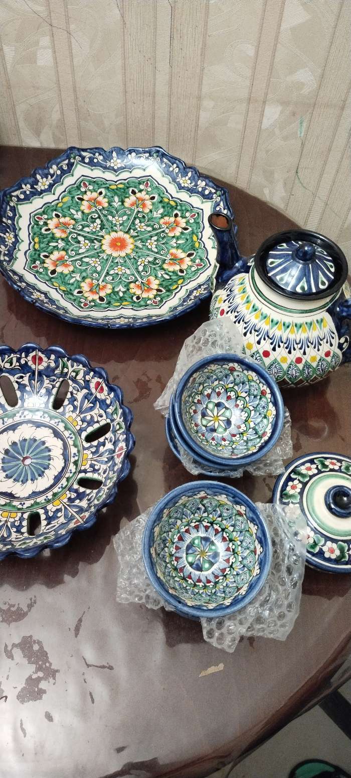 Фотография покупателя товара Ляган Риштанская Керамика "Цветы", 32 см, сине-зелёный, рифлённый - Фото 1