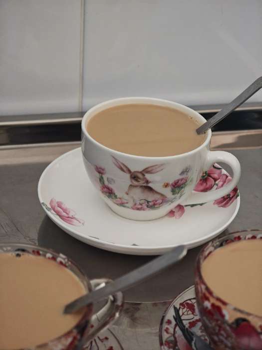 Фотография покупателя товара Чайная пара Доляна «Зайка», 2 предмета: чашка 250 мл, блюдце d=15 см, фарфор, белая - Фото 2