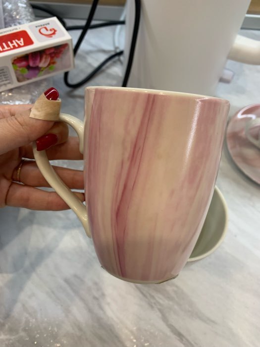 Фотография покупателя товара Кружка фарфоровая Доляна «Эбру», 350 мл, цвет серый, розовый