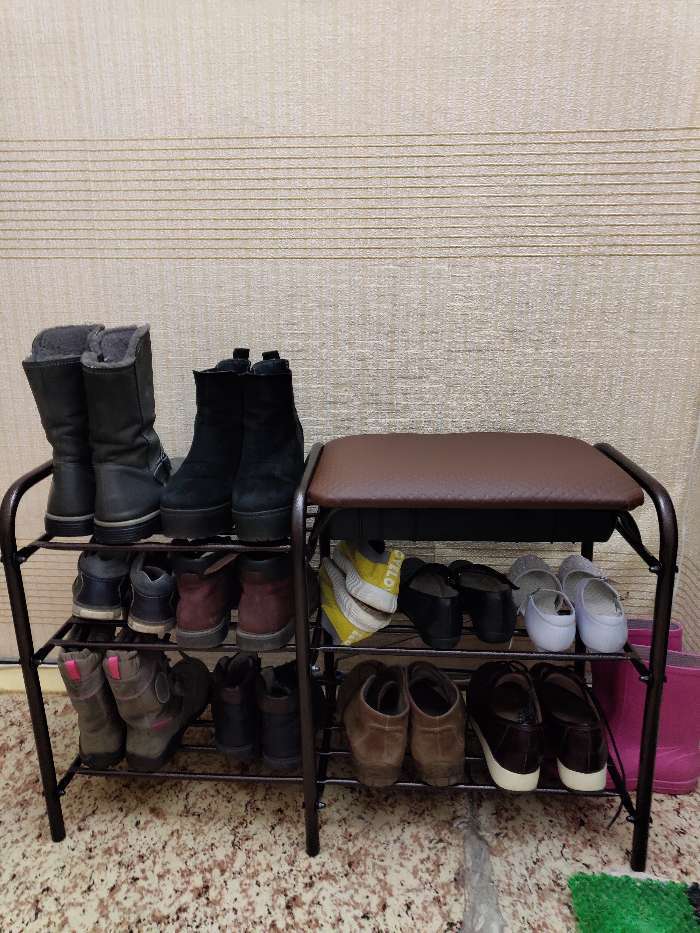 Фотография покупателя товара Этажерка для обуви с сиденьем и ящиком «Люкс», 3 яруса, 79×33×50 см, цвет баклажан - Фото 3