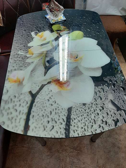 Фотография покупателя товара Стол раздвижной с фп Орхидея в воде, 1100/1500х700х777, стело/пояс белый/прямые ноги - Фото 28
