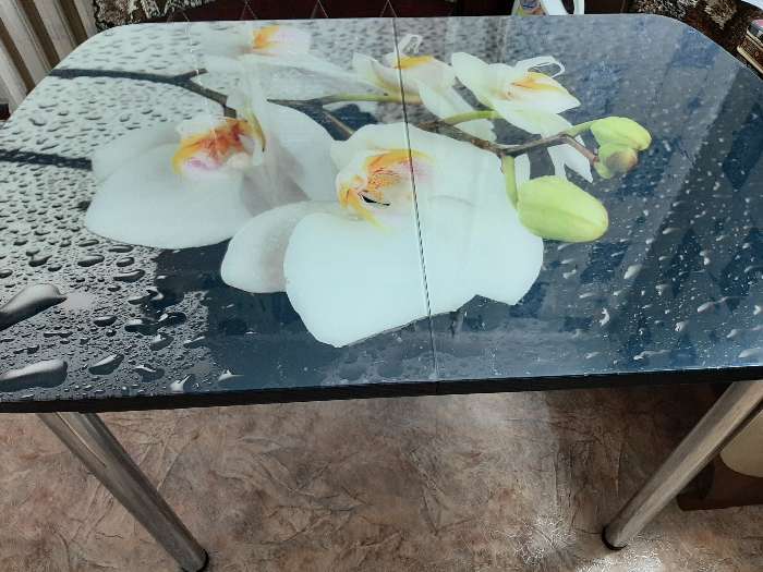Фотография покупателя товара Стол раздвижной с фп Орхидея в воде, 1100/1500х700х777, стело/пояс белый/прямые ноги - Фото 27