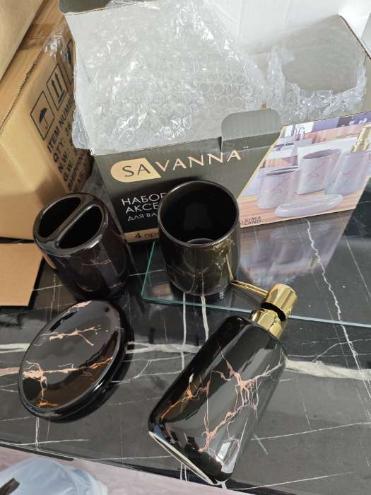 Фотография покупателя товара Набор для ванной SAVANNA «Молния», 4 предмета, мыльница, дозатор для мыла, 2 стакана, чёрный - Фото 1