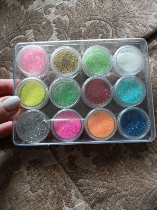 Фотография покупателя товара Блёстки для декора, крупные, набор 12 баночек, в пластиковом органайзере, разноцветные - Фото 1