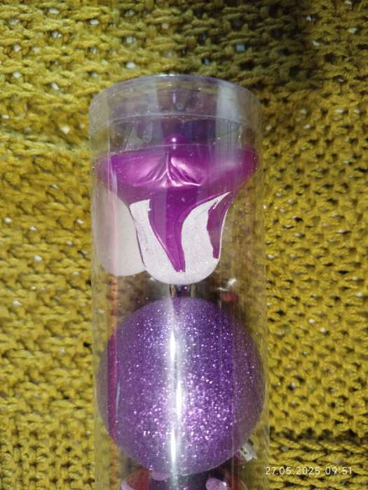 Фотография покупателя товара Ёлочные игрушки «Византия», набор 6 шт. (4 шара d=6 см, 2 колокольчика), фиолетовый - Фото 1