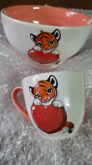 Фотография покупателя товара Набор посуды "Тигрята", символ года 2022, бело-персиковая, керамика, 0.25/0.65 л, микс - Фото 1