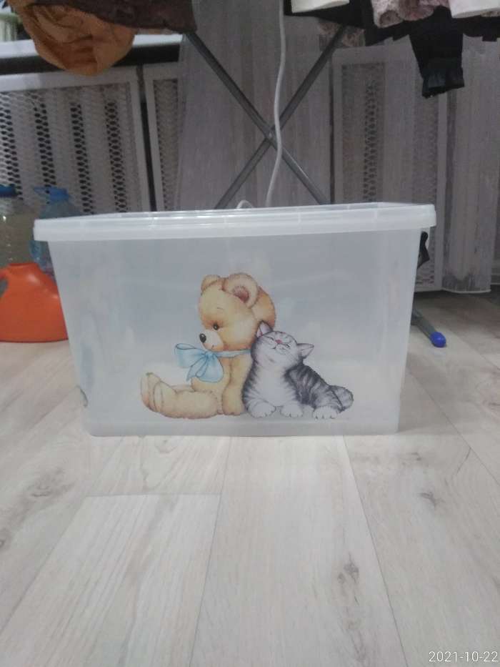 Фотография покупателя товара Контейнер для хранения «Мишка и котёнок», 35 л, 50,5×31,5×28 см, на колёсиках, цвет прозрачный - Фото 1