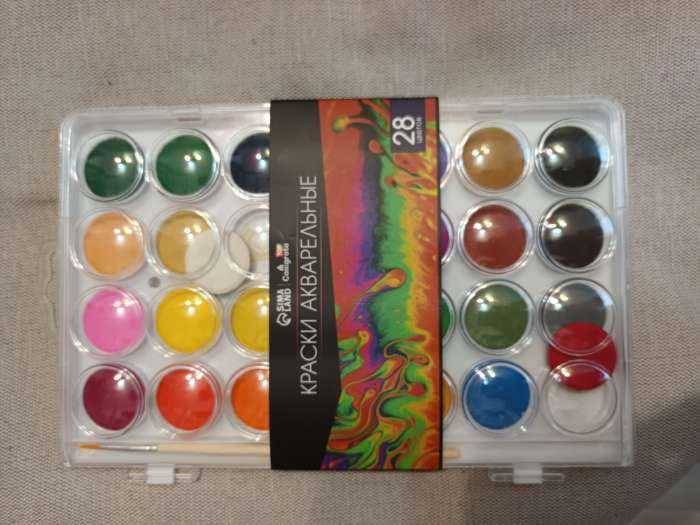 Фотография покупателя товара Краски акварельные 28 цветов, круглые, диаметр кюветы 28 мм, с кистью, пластиковый пенал, CALLIGRATA TOP - Фото 2