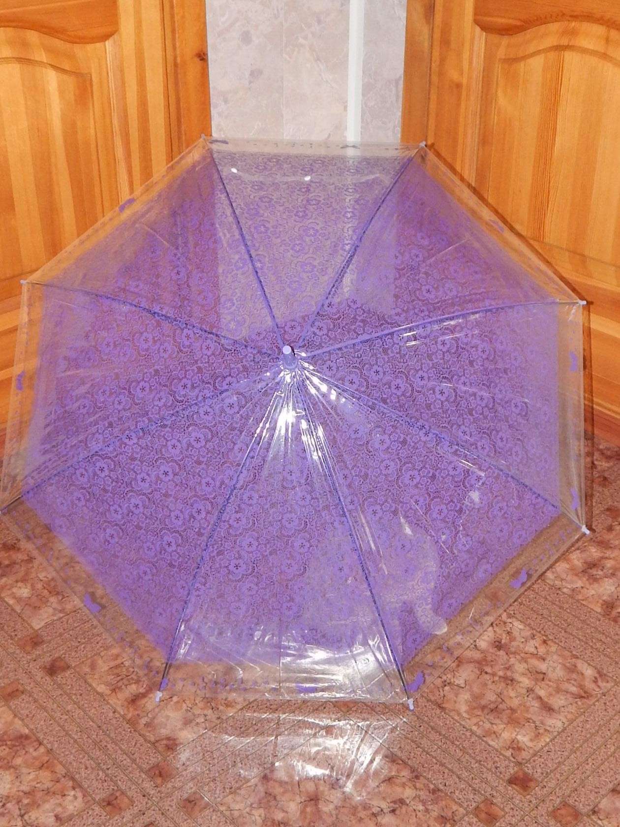 Фотография покупателя товара Зонт - трость полуавтоматический «Кружево», 8 спиц, R = 46 см, цвет фиолетовый