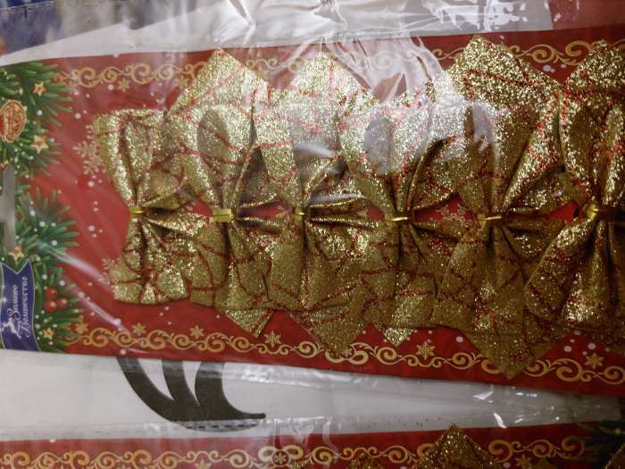 Фотография покупателя товара Украшение ёлочное "Бант - золотой блеск" (набор 6 шт) 8х5,5 см, золотисто-красный