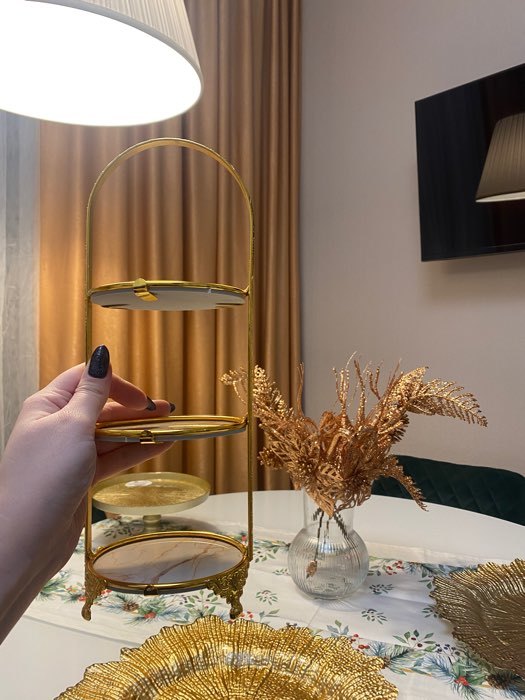 Фотография покупателя товара Подставка для десерта 3-х ярусная Доляна «Мрамор», 10,5×29 см, цвет металла золотой