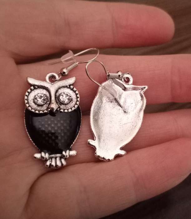 Фотография покупателя товара Серьги с эмалью «Сова» винтажные цвет чёрный в серебре - Фото 2