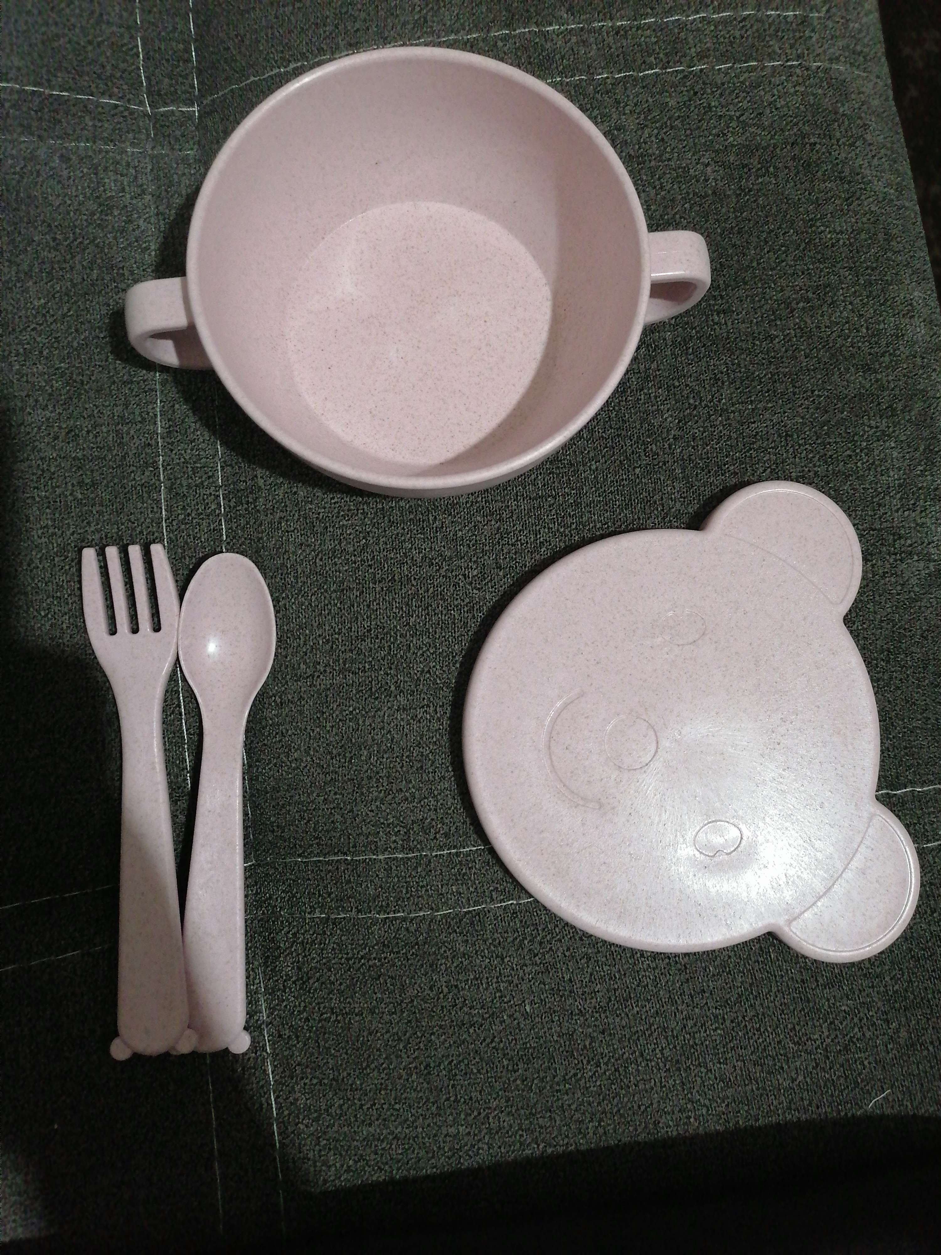 Фотография покупателя товара Набор детской ЭКО посуды: Миска с крышкой, ложка и вилка, цвет розовый - Фото 1