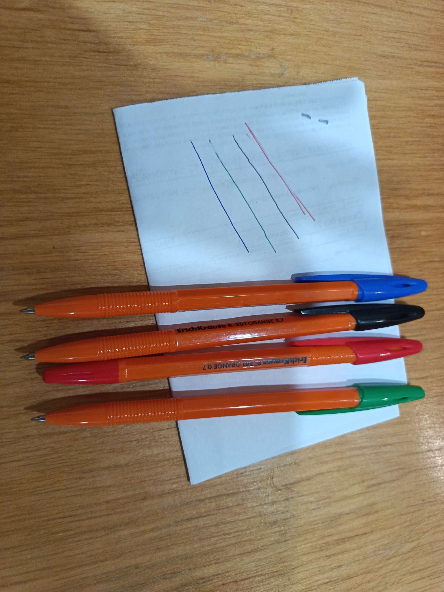 Фотография покупателя товара Набор ручек шариковых 4 цвета R-301 Orange Stick, узел 0.7 мм, чернила: синие, чёрные, красные, зелёные, длина линии письма 2000 метров, европодвес - Фото 1