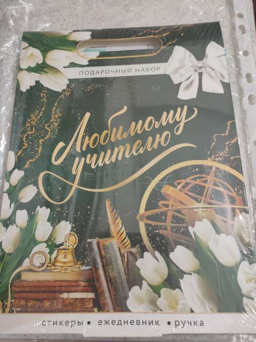 Фотография покупателя товара УЦЕНКА Подарочный набор: ежедневник, стикеры и ручка шариковая, синяя паста «Золотой учитель» 767140 - Фото 2