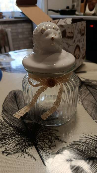 Фотография покупателя товара Банка для сыпучих Доляна «Ёжик в золотом», 600 мл, с керамической крышкой, стекло, прозрачная - Фото 1