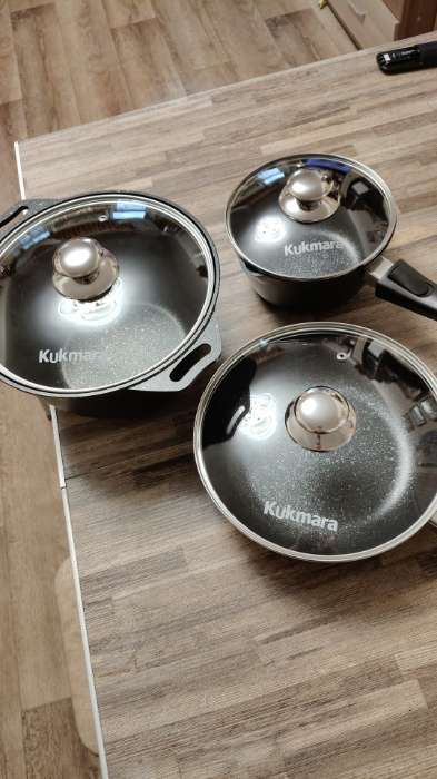Фотография покупателя товара Набор посуды KUKMARA «Мраморная №3», 6 предметов, съёмная ручка, антипригарное покрытие, литой алюминий, литой алюминий - Фото 1