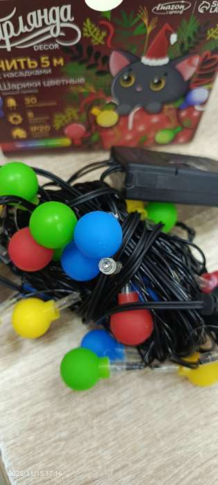 Фотография покупателя товара Гирлянда «Нить» 5 м с насадками «Шарики цветные», IP20, тёмная нить, 30 LED, свечение мульти, 8 режимов, 220 В - Фото 35