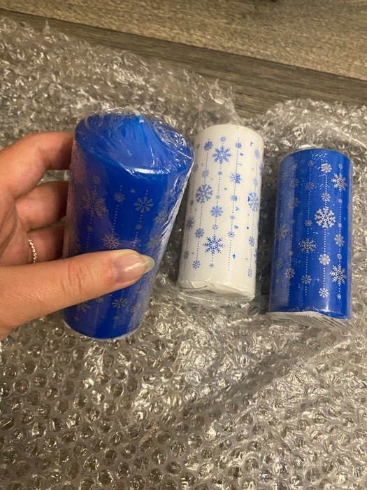 Фотография покупателя товара Свеча - цилиндр новогодняя "Снежинки", 5х10 см, синяя с серебром, микс - Фото 1