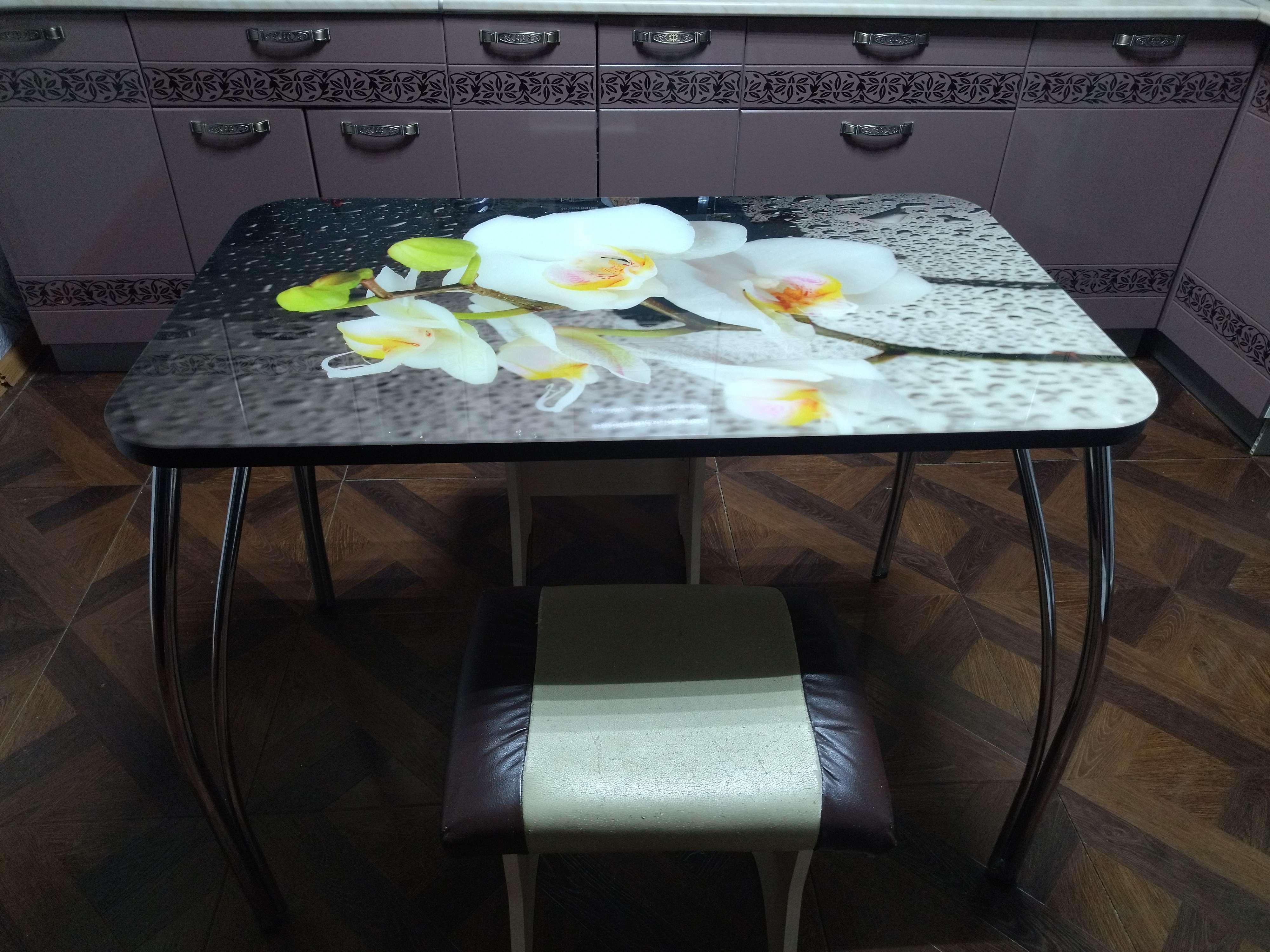 Фотография покупателя товара Стол прямоуголный с фп Орхидея белая, 1000х600х777, стекло/подстолье чайка - Фото 4